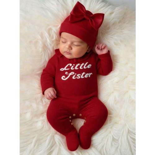 SHEIN Newborn Knitted Romper, Sweet Lace Collar, Casual English Letter Jacquard, Soft & Cute Baby Jumpsuit With Socks Red Newborn Outfit Baby Girl Newborn Outfit Newborn Bow Outfit Newborn Coming Home Outfit Baby Girl First Christmas Outfit Baby Girl Litt