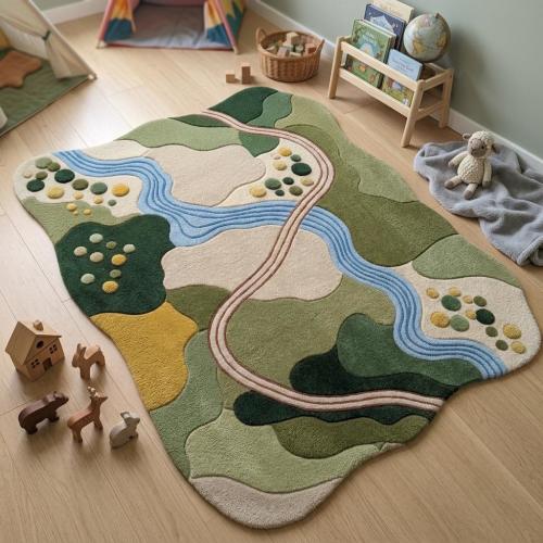 hand tufted landscape nursery playroom rug | nature inspired organic shape river kids room rug