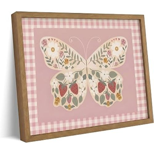 Pink Gingham Butterfly Canvas Wall Art Solid Wood Framed 8X10in