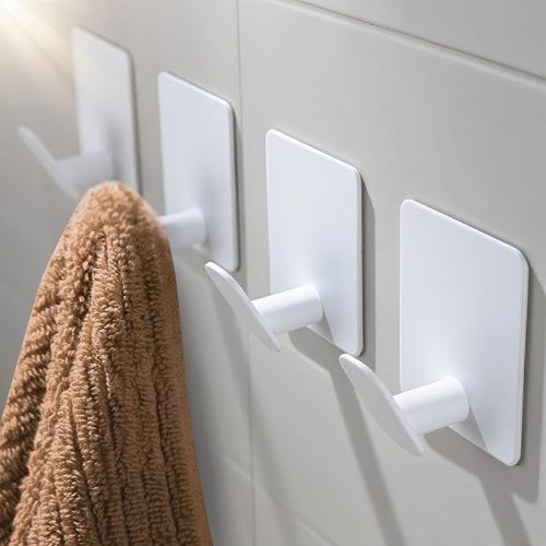 DELITON 4 Pack Adhesive Towel Hooks - White Heavy Duty Self Adhesive Hooks Stick on Wall Hanging Robes Coats Clothes for Bathroom Bedroom Kitchen Door, Stainless Steel