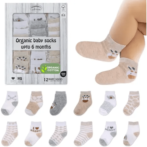 Mother's Choice Organic Cotton Baby Socks, 12 Pairs, Unisex 0-6 Months - Soft, Hypoallergenic Newborn & Infant Socks - Baby Girl & Boy Gifts