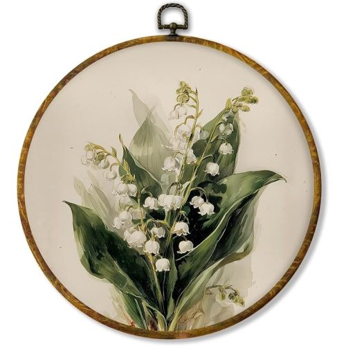 Hiuwevt Vintage Lily of the Valley Floral Round Wall Art Decor, Retro Flower Botanical Framed Canvas Prints, Floral Round Wall Hanging Decor for Home Bedroom Living Room Decorations, 10x10 Inches