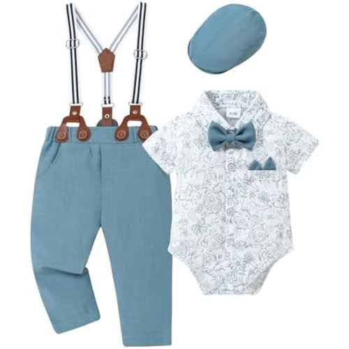 Coco&RARA Baby Boy Clothes Suits Infant Tuxedo Gentleman Dress Shirt with Bowtie Beret Suspender Pants Outfit Sets 0-18M