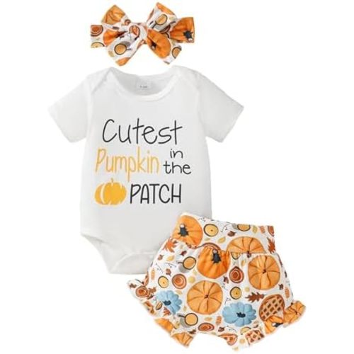 Halloween/Thanksgiving Baby Girl Outfit Pumpkin Romper+Ruffle Shorts Set+Headband Newborn Fall Clothes Clothing