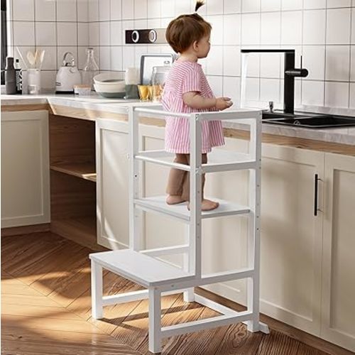 Kitchen Step Stool for Toddlers, Height Adjustable Toddler Tower with Safety Rail, Steel and Wood Toddler Kitchen Stool Helper Kids, Kitchen Stool for Kids, Learning Tower, Toddler Stool White