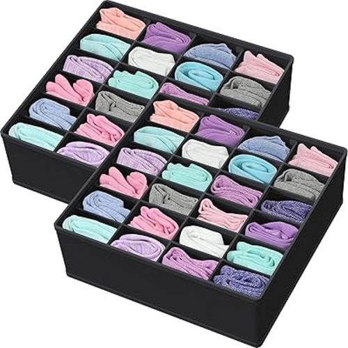Simple Houseware 2 Pack Closet Sock Organizer, 24 Cell Drawer Divider, Black