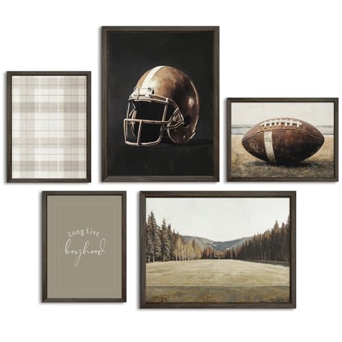 Football Nursery Wall Art Vintage Sports Canvas Wall Decor Boys Room Poster Rugby Football Sport Prints Sage Green Nursery Pictures Vintage Artwork for Boys Bedroom 8x10 Inch Wood Framed Set of 5