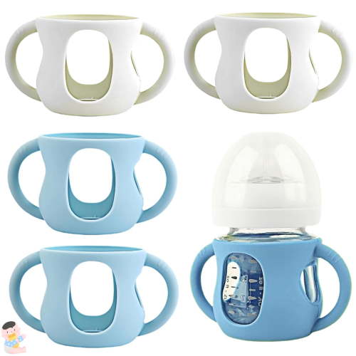 4 Pack Silicone Sleeves for Avent Natural Glass Baby Bottles, Silicone and Easy-Grip Handles for Drop Protection, Compatible with Philips Avent 4/8 OZ Glass Bottle (2 White+2 Blue, 4 OZ)