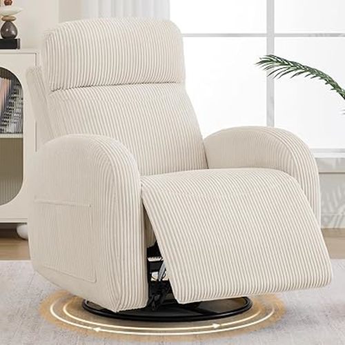 Triple Motors Power Recliner with Power Headrest & Lumbar Support, Electric Swivel Glider Recliner for Nursery, Reclining Rocking Nursery for Small Space, Living Room, Bedroom, Corduroy Cream White