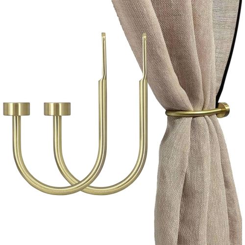Quality Curtain Holdbacks, Solid Steel Curtain Holdback with Disk Finial,Electroplate Finishes, Set of 2 Window Curtain Tieback Hooks,Brass Brushed