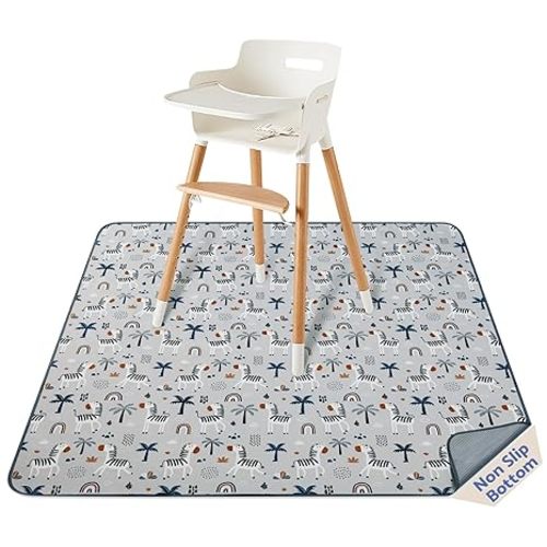 Blissful Diary Baby Splat Mat for Under High Chair, 50.4 x 50.4 Inch Wipeable Splash Mat, Waterproof and Washable, Anti-Slip Floor Protector, Gray Zebra