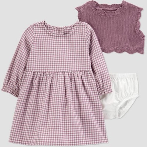 Carter's Just One You® Baby Girls' 3pc Gingham Dress Sweater Set - Plum Purple Newborn