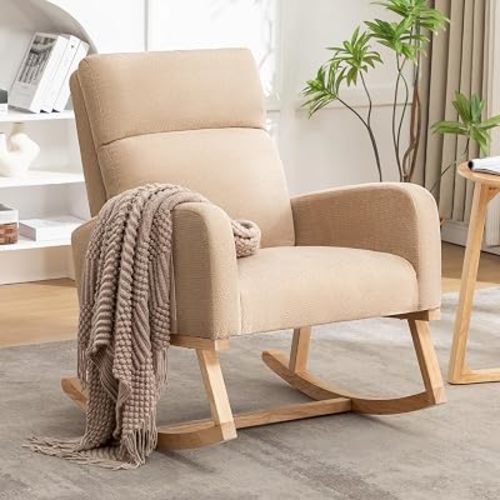 HCHAIRH Rocking Chair Nursery, Upholstered Nursing Rocking Chairs with Soft High Back, Modern Nursery Chair Glider Rocker for Mom Living Room, Bedroom, Khaki
