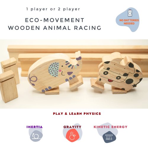Wooden Animal Eco-Movement Toy, Elephant & Cow Racing Ramp Toy for Toddlers