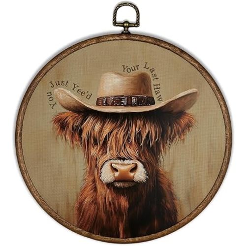 XBBMGG Vintage Cowboy Highland Cow Wall Art Decor, Western You Just Yee'd Round Wall Hanging Decor, Funny Cowboy Hat Cow Framed Canvas Prints for Nursery Living Room Bathroom Decorations, 10x10inch