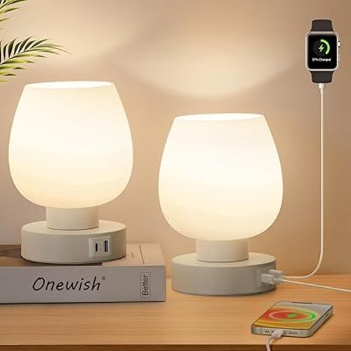 Touch Bedside Table Lamp Set of 2 - Modern Nightstand with USB-C&A Charging, 3-Way Dimmable LED Desk Lamp, White Opal Glass Shade