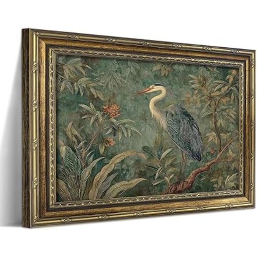 Vintage Blue Heron Gold Framed Wall Art, Wildlife Bird Canvas Print, Botanical Nature Painting Decor, Elegant Animal Wall Decor Picture for Living Room Bedroom Office Home 8x10in