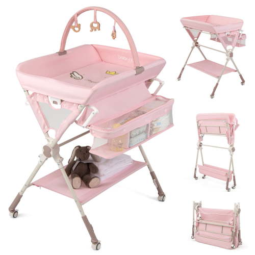 Babyjoy Baby Changing Table with Storage Bag Shelf Toys Lockable Wheels Adjustable Heights Pink