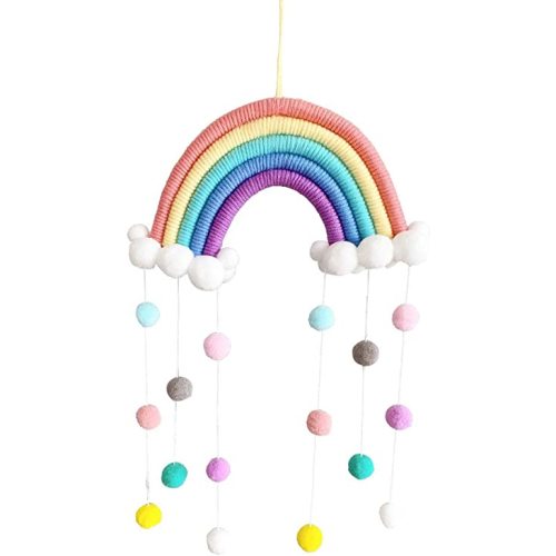 Macrame Rainbow Wall Hanging Decor Pom Pom Garland Colorful Ball for Kids Room Girls Bedroom Baby Shower Nursery Decorations Kids Room Wall Decor for Bedroom Playroom Classroom