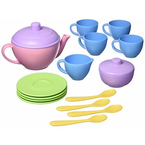 Green Toys Tea Set, Pink 4C - 17 Piece Pretend Play, Motor Skills, Language & Communication Kids Role Play Toy. No BPA, phthalates, PVC. Dishwasher Safe, Recycled Plastic, Made in USA.