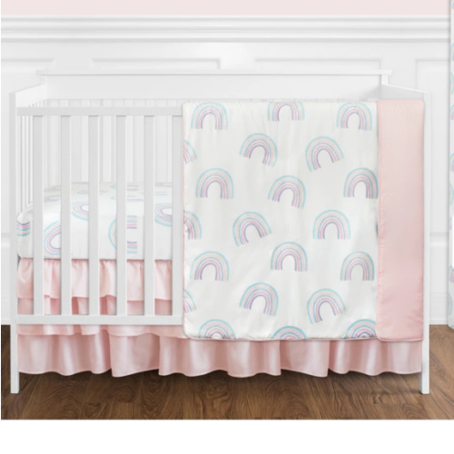 Pastel Rainbow Collection Girl 4-piece Nursery Crib Bedding Set - Blush Pink, Purple, Teal, Blue and White