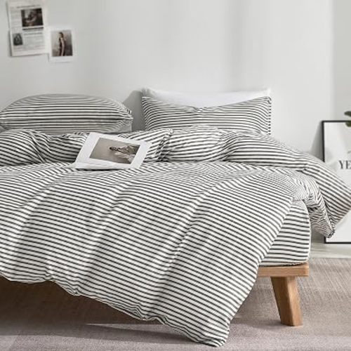 JELLYMONI 100% Cotton Classic Striped Twin Duvet Cover Set, Grey