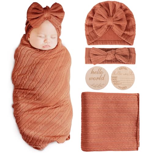 Newborn Receiving Blanket with Bow Hat Headband Wooden Card Set Wheat-Pattern Newborns Toddler Baby Boy Girl Nursery Swaddle Wrap