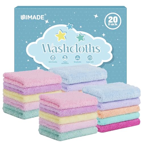 UNIMADE Baby Washcloths, 20 Pack Super Soft Microfiber Coral Fleece Wash Cloths, Extra Absorbent Baby Towels for Newborns, Infants and Toddlers, Gentle on Sensitive Skin for Face and Body - 7" × 9"