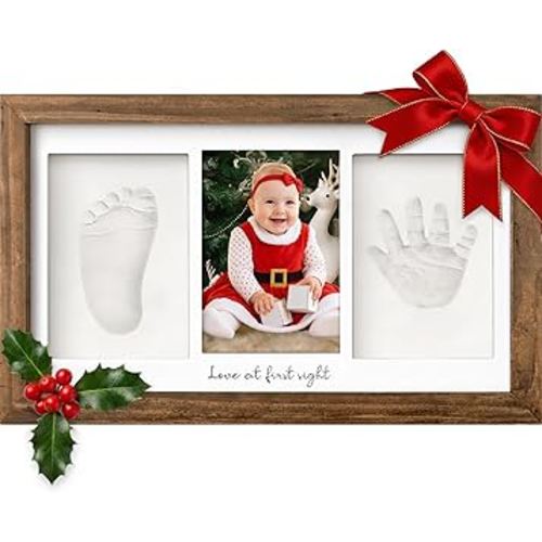 Baby Hand and Footprint Kit - Clay Handprint Keepsake Frame, Newborn Nursery Picture Frame, Personalized New Mom Gifts for Baby First Christmas Shower (Medium Oak)