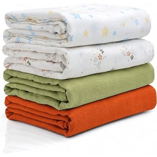 47"x 47" GOTS 100% Organic Cotton Swaddle Blanket 4 Pack (Multicolor+Stars)