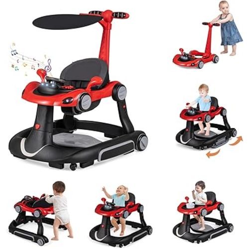 HONEY JOY Baby Walker, 7-in-1 Foldable Baby Bouncer and Rocker Combo, Infant Activity Center w/Canopy, Wheels, Adjustable Height/Speed, Music, Lights, Walker for Baby Boy Girl 7-18 Months (Red)