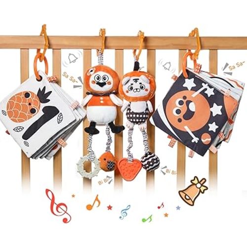 TUMAMA KIDS Black and White Baby Toys, Stroller Activity Toy,High Contrast Rattle Toy & Soft Book Set,Tummy Time Plush Hanging Toys,Early Educational Toys for Infant Babies 0 3 6 9 12 Month