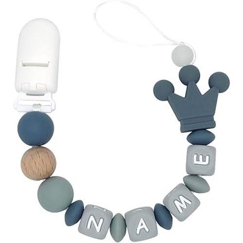 Personalized Pacifier Clip with Name for Crown Girls Customized (Grey)