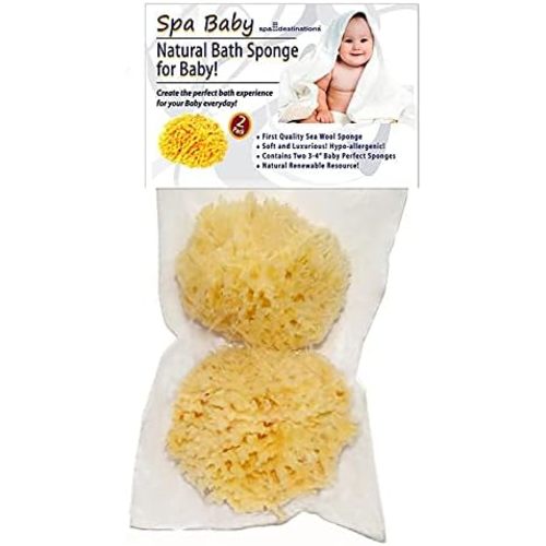 Spa Baby Natural Bath Sponge Spa Destinations. Ultra Soft Premium Sea Wool Sponge, Biodegradable, Bath Accessories Baby and Kids, Infant Bath. Two (2) Pack 3-4 inch for Moms
