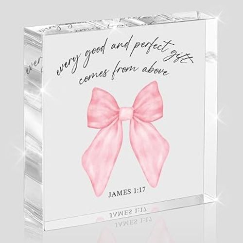 Pink Bow Room Decor, Inspirational Christian Gifts for Women, Pink Coquette Aesthetic Bow Dorm Bathroom Decoration, Office Decor for Women, Acrylic Office Desk Accessories Wall Art Sign-James 1:17