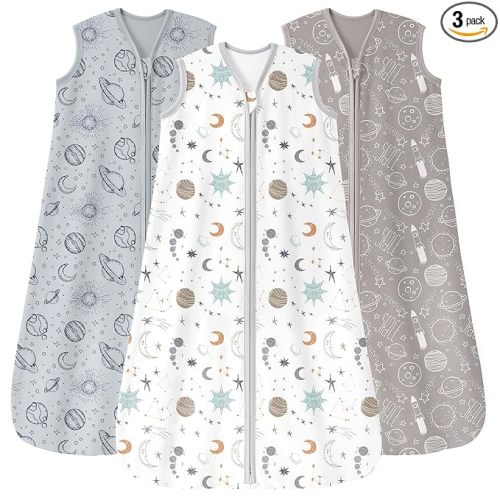 Unnivoll Baby Sleep Sack 6-12 Months 3 Pack 100% Cotton Lightweight 0.5 TOG Wearable Blanket Baby Sleep Bag with 2-Way Zipper for Newborn Infant White Gray Blue Space