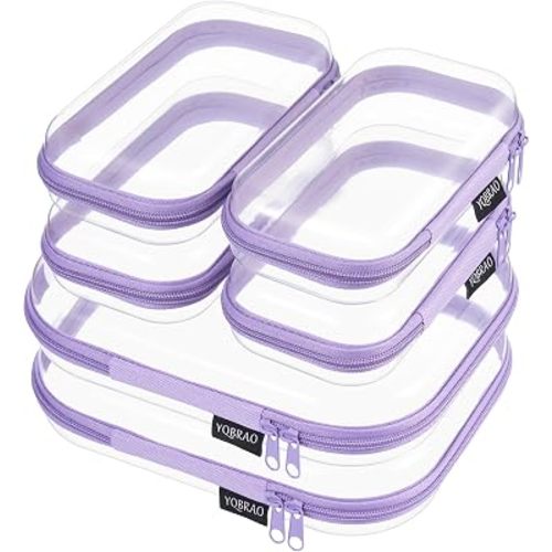 6 Pack Purple Clear Hard Shell Beauty Organizer (2M+4S), 1.2mm Heavy Duty Crush-Proof Cosmetic Case, Reinforced YKK Zippers, Stadium Approved Security Bag for Skincare & Electronics, Multi-Size Set