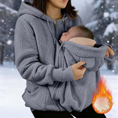 Women's Winter Warm Fleece Maternity Coat Full Zip Baby Wearing Jacket Pregnancy Outerwear Gray XL