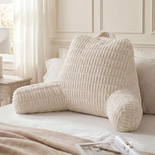 Blissful Diary Reading Pillow, Backrest Pillow with Shredded Memory Foam for Adult & Children, Designed for Bed and Couch Sitting Up, Includes Arms, Pockets and Washable Cover, Off White