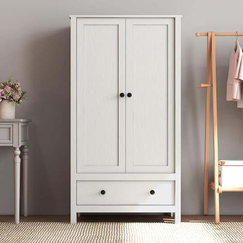 2 Door Wardrobe, Armoire with Drawer for Bedroom (White)$$Home Decor, Kitchen, & Other