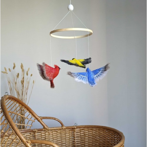 Needle Felted Backyard Birds Baby Mobile: Cardinal, Blue Jay, Goldfinch Wool Nursery Decor
