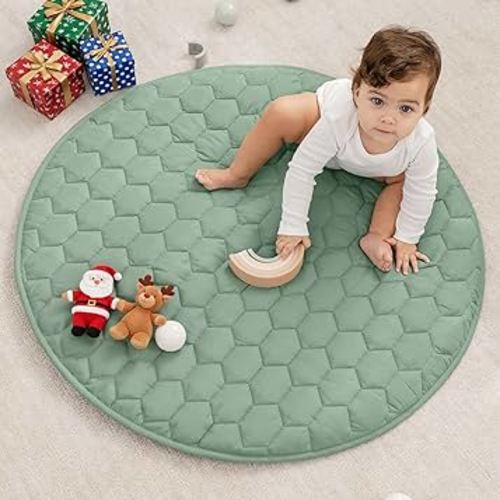 Comfy Cubs Round Kids Play Mat -Small 36 inches Soft Quilted Baby Floor Mat with Non-Slip Bottom - Plush Design for Toddlers' Playtime and Relaxation - Comfortable and Durable - Fern