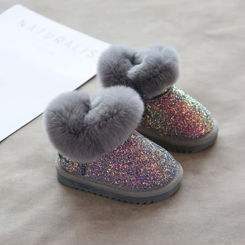 5 ' Fleece & Fur-Lined High Quality Snow Boots with Sparkling Glitter - Anti-Slip Winter Shoes, Low-Top Zipper Closure for Boys & Girls, Soft Cowhide-like Fleece & Furry Collar, Warm Traction for Ice, Snow, (Pink/Grey), Winter Boots For Girls, Winter Boot