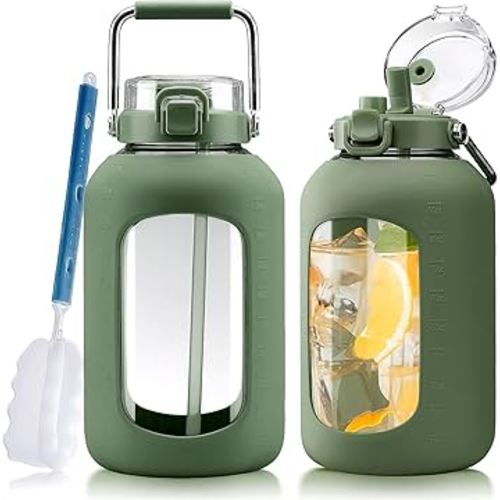 Large Glass Water Bottle with Stainless Steel Handle,100 oz Gallon Drinking Bottle with 2-in-1 Straw Lid,Wide Mouth, Olive