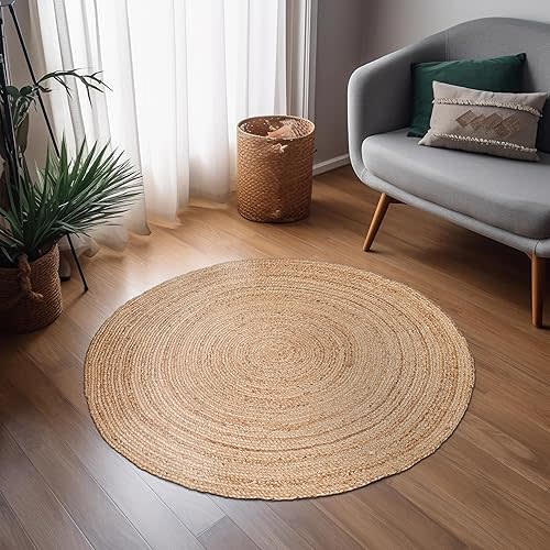 Ramanta Home Hand Woven Jute Braided Rug 4' Round - Natural, Farmhouse Accent Circle Reversible Rugs for Kitchen, Nursery, Kids Room, Boho Floor Carpet for Living Room, Patio - 4 Feet Round