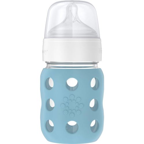 Lifefactory 8-Ounce Wide Neck Glass Baby Bottle with Protective Silicone Sleeve and Stage 2 Nipple, Denim (LG2211WDE4)