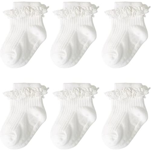 DRESHOW BQUBO Baby Girls Toddler Anti Slip Socks - Cute Frilly Ruffle Grip Ankle Socks for Infant Toddler
