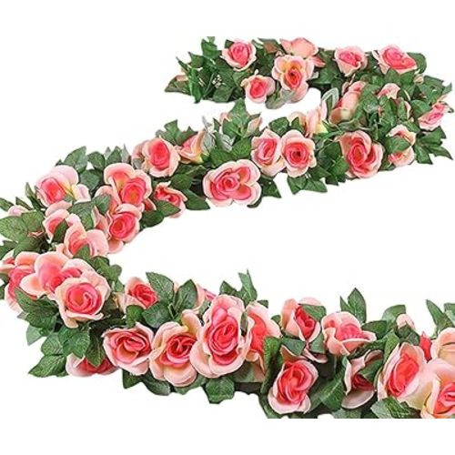 16 FT Fake Rose Vine Garland Artificial Flowers Plants Hanging Rose Ivy Home Hotel Office Wedding Party Garden Décor (White/2PCS)