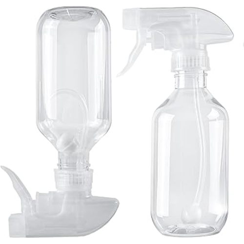 2 Pack 360° Spray Bottles, 10 oz Plastic Small Containers with Adjustable Spray Nozzles, Spray Bottles for Hair, Cleaning Solutions, BBQ and Plants Clear
