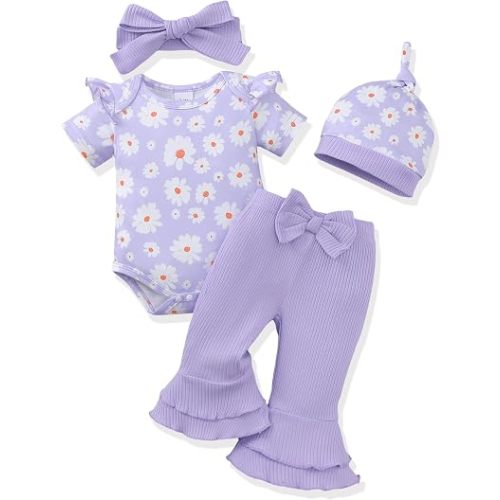 Renotemy Newborn Baby Girl Clothes Infant Romper Spring Summer Outfits Gifts Bell Bottoms Pant Sets for Girls Preemie-12Month